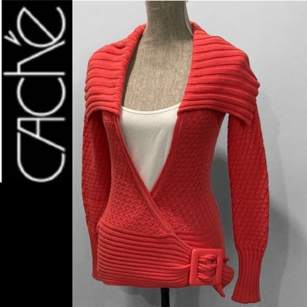 CACHE Vintage 80s Chunky Knit Sweater Side Buckle Wrap Size Small Retro RED